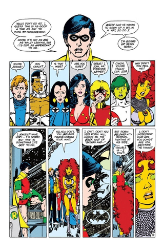Robin informing the other Teen Titans that he’s giving up his Robin identity in The Judas Contract.